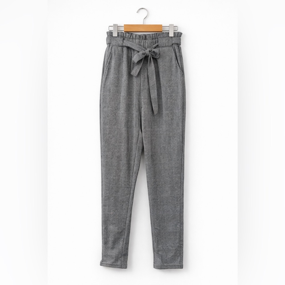 ✨ ReVamped Grey Plaid Paperbag Waist Pants – Size M ✨